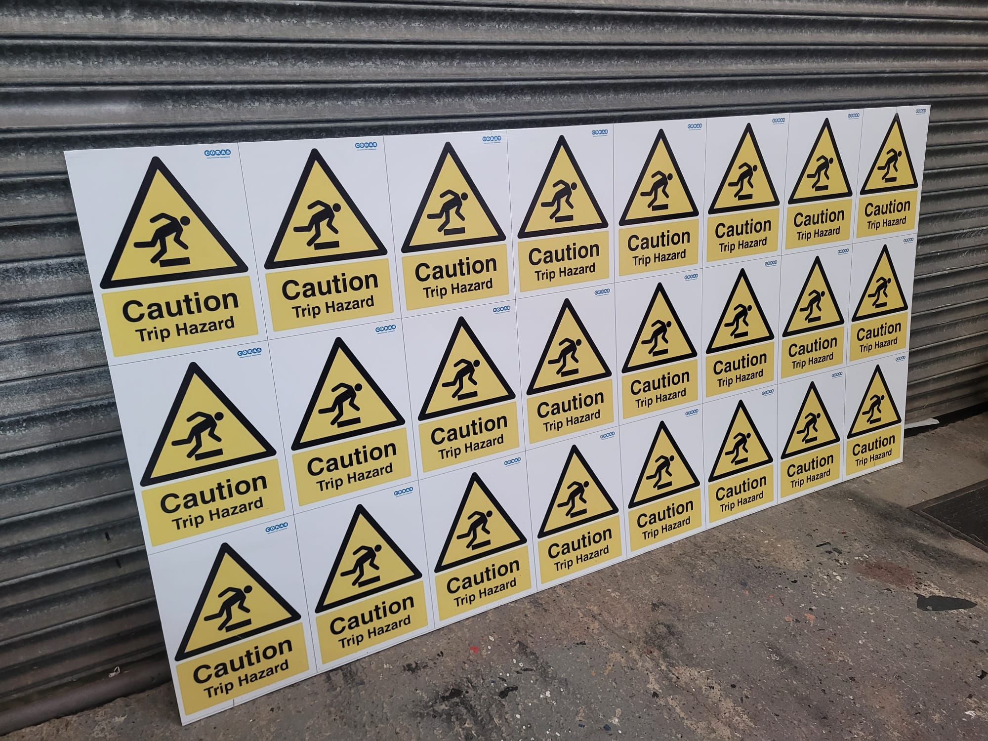 Caution Trip Hazard warning signs printed on 3mm rigid PVC in several sizes