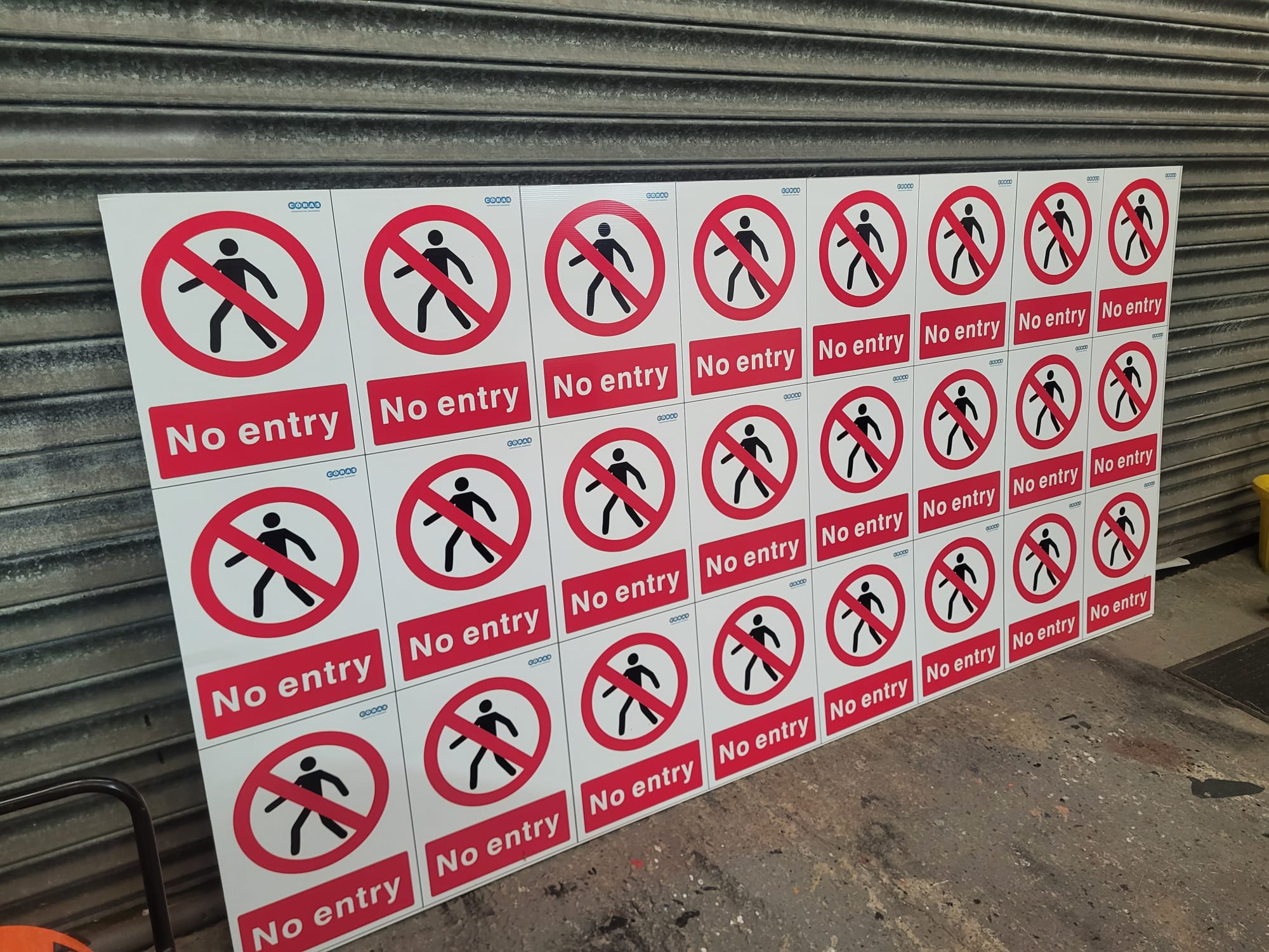 Sheet of ISO 7010 No Entry prohibition signs in a range of sizes printed on rigid PVC